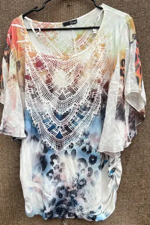 Espresso Tunic Leopard Lace Print top shirt women’s Sz L white crochet lace V-ov thumbnail 3