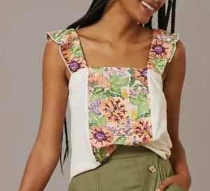 Anthropologie Tiny Marin Floral Embroidered Tank Top M Ruffle Strap Cotton thumbnail 1