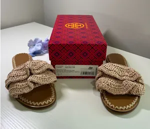 Tory‎ Burch Ruffled Raffia Slide Sandals Natural Woven Flat 135087 Size 7M w box thumbnail 1