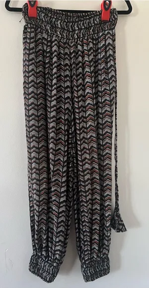 Anthropologie Black Orange Printed Harem Jogger Pants XS Smock Waist Travel thumbnail 1