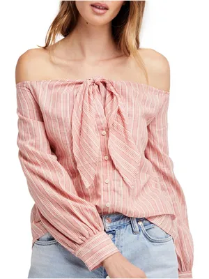 Free People Linen Striped Off-Shoulder Tie-Front Top Small thumbnail 1