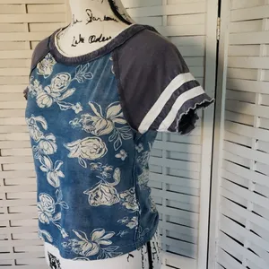 We The Free Blue Floral Raglan Short Sleeve Tee with Gray Sleeves thumbnail 2