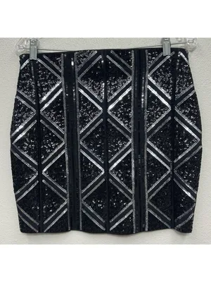 Express Sequin Mini Skirt Medium Black Silver Stretch Pull On Holiday Party Club thumbnail 3