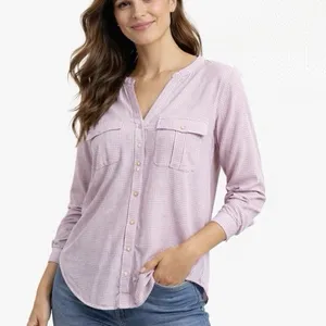 LL Bean Lavender Herringbone Organic Cotton Button Up Hi Low Shirt‎ Size XL thumbnail 3