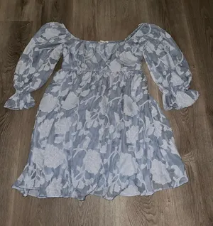 Blue and white floral mini dress with long sleeve ruffle thumbnail 1