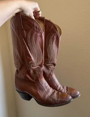 Vintage Tony Lama Lizard Leather Cowboy Boots Size 8 Mens 9 Womens Swirl Cognac thumbnail 1