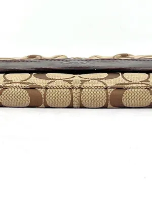 Coach Signature Canvas Khaki Jacquard Brown Leather Trifold Snap Closure Wallet thumbnail 2