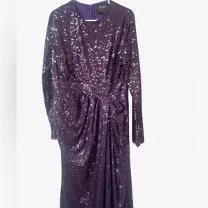 New Mac Duggal Sequined‎ High Neck Long Sleeve Draped Purple Maxi Dress Gown 12 thumbnail 6
