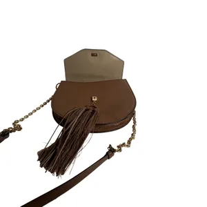 Louise et Cie Crossbody Bag Womens Small‎ Brown Leather Tassel Gold Chain Strap thumbnail 10