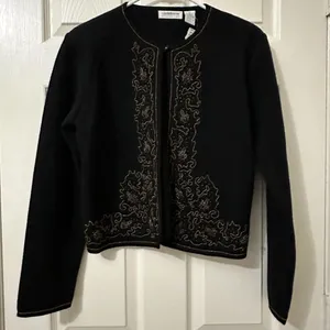 Vintage Black 100% Merino Wool Cardigan Sweater Sz M Medium Beaded thumbnail 3