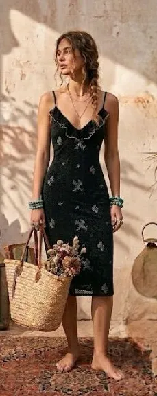Y2K Black Leopard Dress with Sheer Floral Overlay Slip Dress with Ruffle Trim thumbnail 1