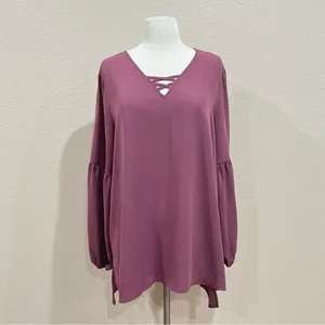 Maurices Mauve Pink Lantern Sleeve Lattice Neck Blouse Size Large thumbnail 5