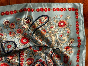 VINTAGE aqua blue paisley super boho print oversized silky scarf 35/35 thumbnail 5