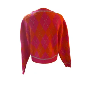 Sunday Up Pink Orange Argyle Cardigan Small Metallic Silver Trim Cropped thumbnail 4