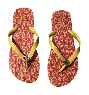 Tory Burch Women's Flip Flop Sandals Yellow Straps Red/Orange Geometric Pattern thumbnail 1