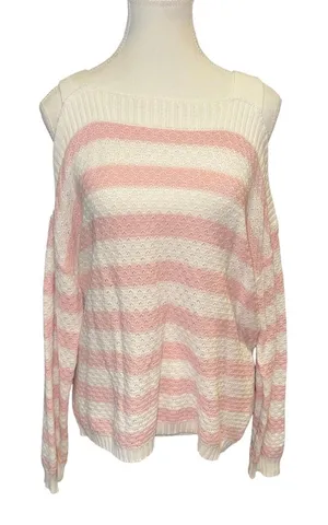 Pink & white stripe cold shoulder knit sweater thumbnail 1