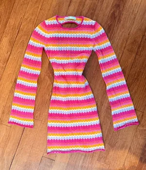 Bershka (ASOS) Crochet Knit Stripe Long-Sleeve Mini Dress - Small thumbnail 1