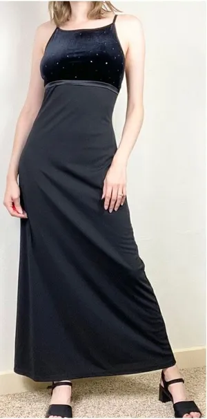 Vintage 90’s Byer Too! Black Velvet Sparkly Maxi Formal Party Dress Size S thumbnail 1