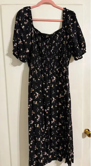 Maurices Black Floral Smocked Midi Dress Short Puff Sleeve Square Neck XXL thumbnail 1