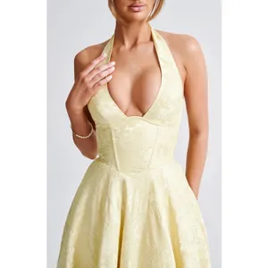 NWT Babyboo Effie Lemon Yellow Floral Jacquard Halter A-Line Midi Dress Size S thumbnail 7