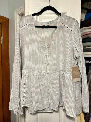 Calligraphie Striped Linen Tunic in White & Blue Size XL NWT thumbnail 1