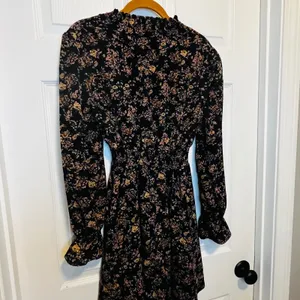 SheIn Black Floral Long Sleeve Mock Neck Smocked Waist Mini Dress XS Whimsical Gothic thumbnail 3