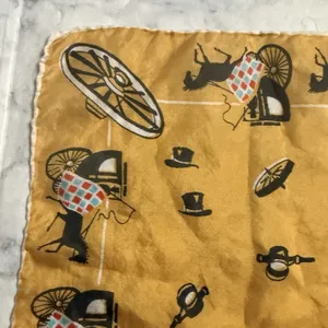 Horse Carriage Yellow Rolled Edges Hand Stitched 17" Square Scarf, 1950s, MCM thumbnail 8