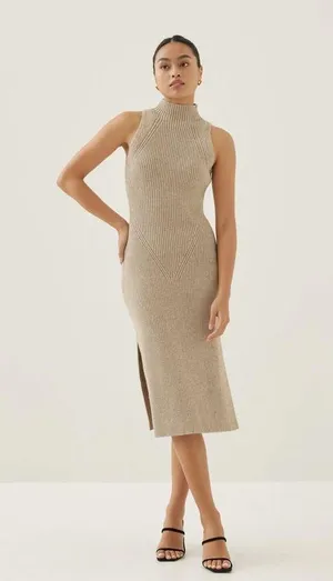New with tags by Love Bonito Katrin Turtleneck Midi Dress Sleeveless Tan Knit thumbnail 4