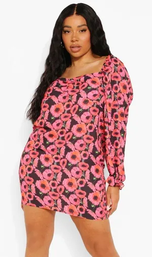 NWT Pink Boohoo Plus Puff Sleeve Floral Dress thumbnail 1