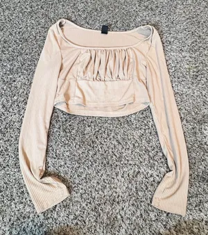 SHEIN Womens Ribbed Long Sleeve Crop Top Beige Square Neck‎ Ruched Bust Large thumbnail 1