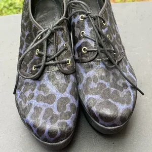 Nicole Wedge Oxfords Women Size 8M Black Blue Leopard Print Lace Up Shoes thumbnail 6