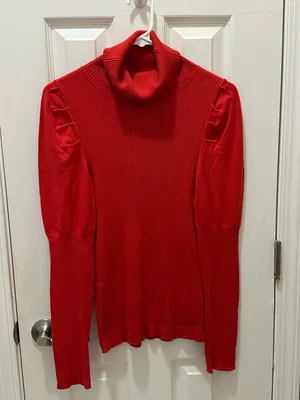 Anthropologie Cecilia Ribbed Puff Sleeve Turtleneck Sweater Red size Medium thumbnail 14