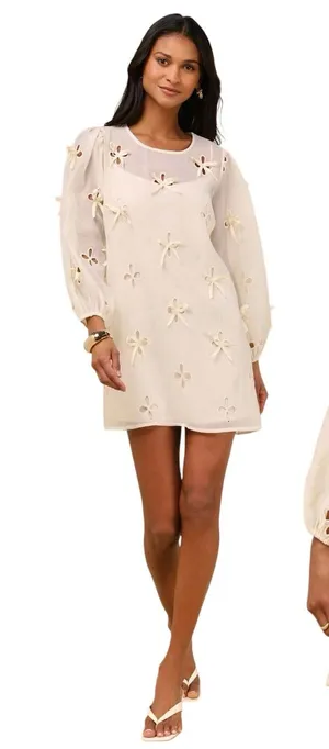Lulus Aamira Cream Embroidered Bow Blouson Sleeve Shift Mini Dress size S NWOT thumbnail 1