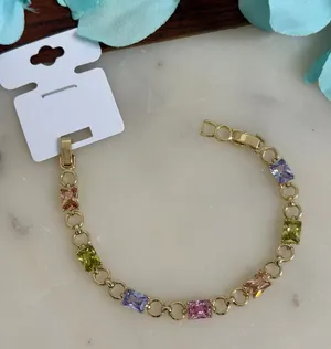 14K Gold Plated XP Multi Color Emerald Link Bracelet Fold Over Clasp 7.5 Inch thumbnail 1