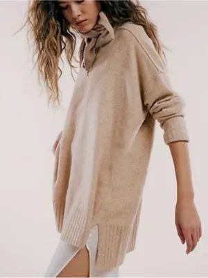 Free People Phoebe Pullover Sweater in Light Camel Heather Medium thumbnail 1