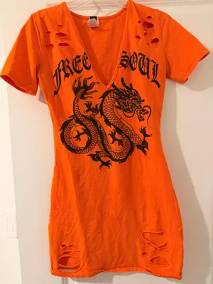 Orange V-Neck Mini Dress with Black Dragon Graphic thumbnail 3