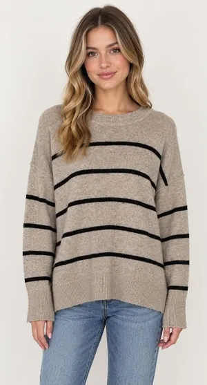Aerie unREAL Womans M Ultra Soft Beige and Black Striped Pullover Sweater Medium thumbnail 1