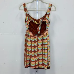 Judith March Brown Geometric Crescent Print Linen Blend Cutout Tie Back Dress S thumbnail 2