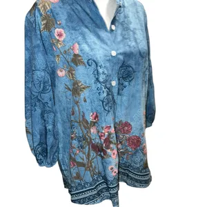 Blue faded look top with floral design. thumbnail 3