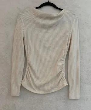 PrettyGarden Ribbed Cowl Neck Top Women Small Cream Long Sleeve Ruched Side NWT thumbnail 1