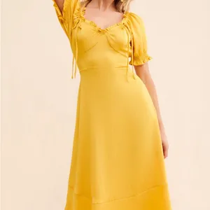 👗🌺Anthropologie Yellow Midi Dress M 6 8 Boho Cottagecore Puff Sleeve Ruffle Trim thumbnail 8