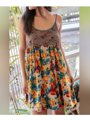 NWT Natural Life Gigi Mini cami Dress Grey Orange Roses size large bohemian thumbnail 8