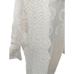 XCVI White Floral Lace Mesh Open Front Kimono Cardigan Embroidered Boho Coastal‎ thumbnail 3