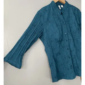 St. John's Bay Teal Eyelet Blouse Size Large Crinkle Empire Waist Embroidered Top Cottage Y2K thumbnail 2