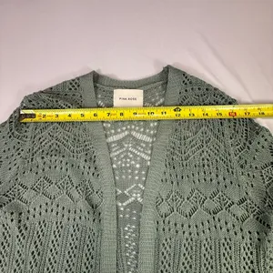 Pink Rose Sage Green Open Knit Longline Cardigan Duster with Pockets thumbnail 5