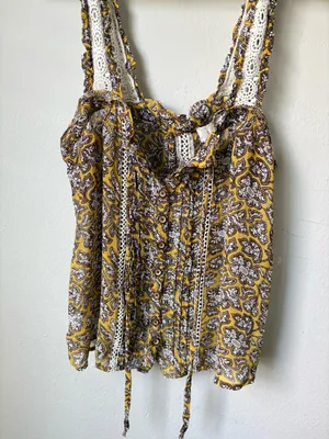 Anthropologie Floral Lace Trim Tank Top Yellow Brown Size 2 thumbnail 3