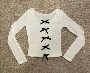 White Pointelle Bow Long Sleeve Size M thumbnail 1