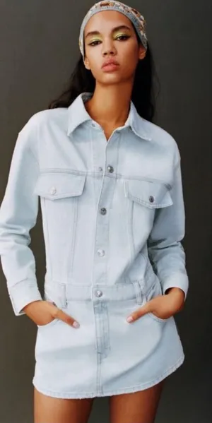 Zara Denim Short Mini Dress Light Wash Blue Long Sleeves Coverall Size Large‎ thumbnail 1