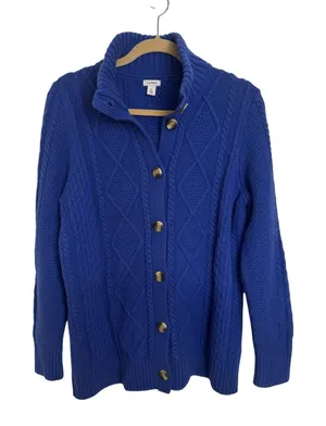 LL Bean Merino Wool Blend Royal Blue Cable Knit Button Front Cardigan XL thumbnail 1