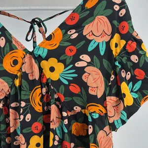 Entro Floral babydoll Blouse M Black Orange Yellow Green colorful flowy silky thumbnail 6